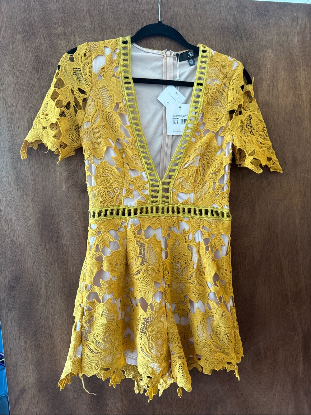 Misguided Mustard Ladder Lace V-Neck Romper/ Playsuit